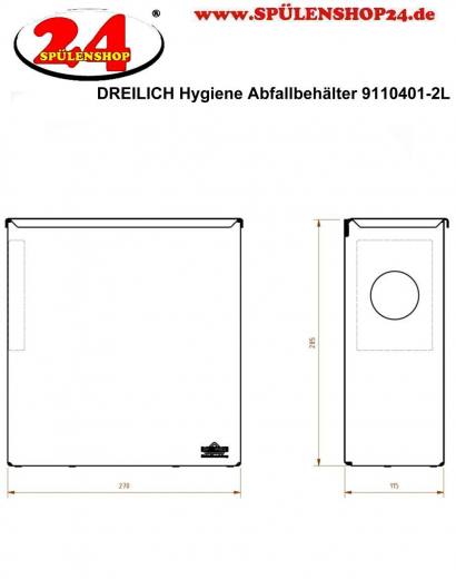 DREILICH Sirius II Hygiene-Abfallbehlter 9110401-2L zur Wandmontage mit stabilem Deckel und Polybeutelspender links Fassungsvermgen ca. 5 Liter (2002080109)