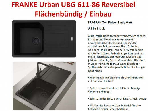 FRANKE Kchensple Urban UBG 611-86 Fragranit+ Einbausple / Granitsple Flchenbndig Black Matt - Black Collection