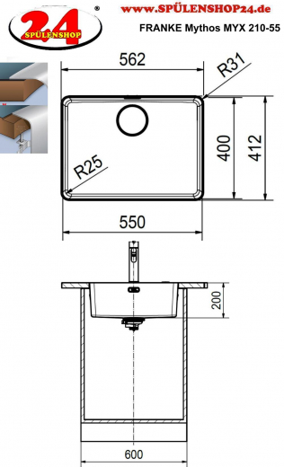 FRANKE Kchensple Mythos MYX 210-55 Einbausple Slimtop / Flchenbndig mit Siebkorb als Druckknopfventil