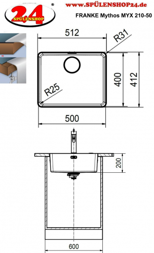 FRANKE Kchensple Mythos MYX 210-50 Einbausple Slimtop / Flchenbndig mit Siebkorb als Druckknopfventil