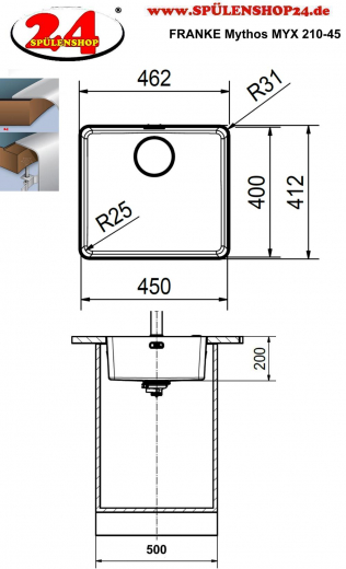 FRANKE Kchensple Mythos MYX 210-45 Einbausple Slimtop / Flchenbndig mit Siebkorb als Druckknopfventil