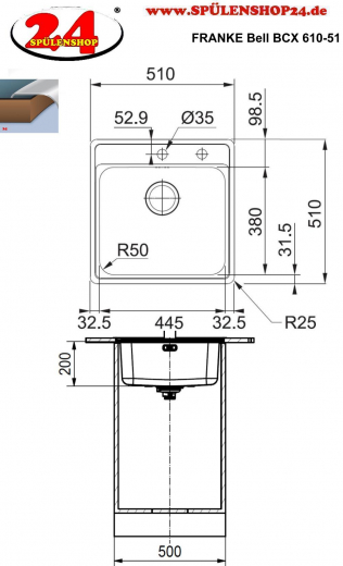 FRANKE Kchensple Bell BCX 610-51 Edelstahl Einbausple mit Einbaurand und Hahnlochbank mit Siebkorb als Drehknopfventil