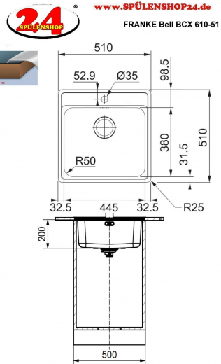 FRANKE Kchensple Bell BCX 610-51 Edelstahl Einbausple mit Einbaurand und Hahnlochbank mit Siebkorb als Stopfenventil