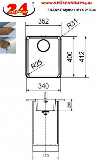 FRANKE Kchensple Mythos MYX 210-34 Einbausple Slimtop / Flchenbndig mit Siebkorb als Druckknopfventil