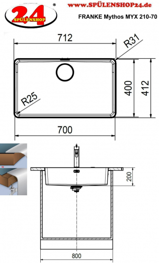 FRANKE Kchensple Mythos MYX 210-70 Einbausple Slimtop / Flchenbndig mit Siebkorb als Stopfenventil