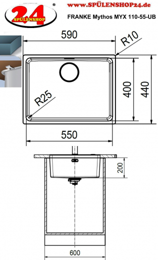 FRANKE Kchensple Mythos MYX 110-55 Unterbausple (Montage unter die Arbeitsplatte) mit Integralablauf und Siebkorb als Druckknopfventil