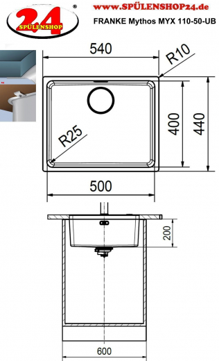 FRANKE Kchensple Mythos MYX 110-50 Unterbausple (Montage unter die Arbeitsplatte) mit Integralablauf und Siebkorb als Druckknopfventil