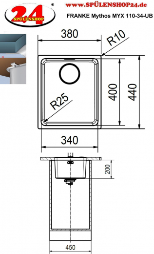 FRANKE Kchensple Mythos MYX 110-34 Unterbausple (Montage unter die Arbeitsplatte) mit Integralablauf und Siebkorb als Stopfenventil