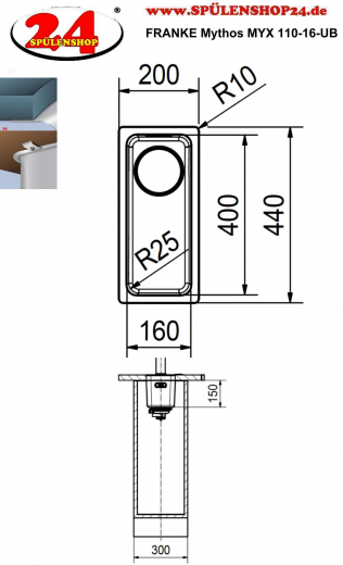 FRANKE Kchensple Mythos MYX 110-16 Unterbausple (Montage unter die Arbeitsplatte) mit Integralablauf und Siebkorb als Druckknopfventil