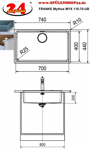 FRANKE Kchensple Mythos MYX 110-70 Unterbausple (Montage unter die Arbeitsplatte) mit Integralablauf und Siebkorb als Druckknopfventil