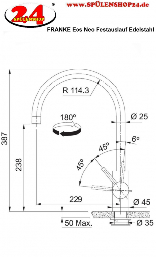 FRANKE Kchenarmatur Eos Neo Einhebelmischer Edelstahl Industrial Black (PVD) mit Festauslauf mi Laminar Perlator 180 schwenkbarer Auslauf