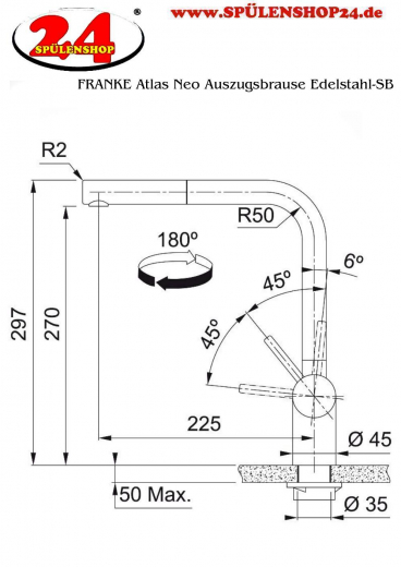 FRANKE Kchenarmatur Atlas Neo Einhebelmischer Edelstahl Anthracite (PVD) mit Zugauslauf 180 schwenkbarer Auslauf mit Laminar Perlator