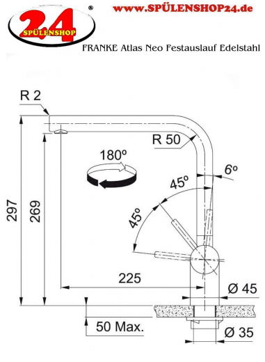 FRANKE Kchenarmatur Atlas Neo Einhebelmischer Anthracite (PVD) mit Festauslauf 180 schwenkbar mit Laminar Perlator