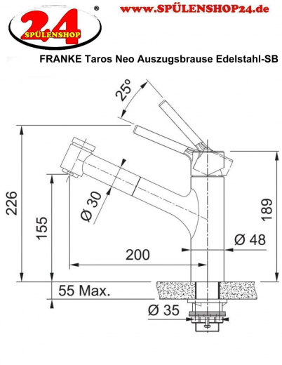 FRANKE Kchenarmatur Taros Neo Einhebelmischer Edelstahl massiv mit Zugauslauf und Brausefunktion 120 schwenkbarer Auslauf