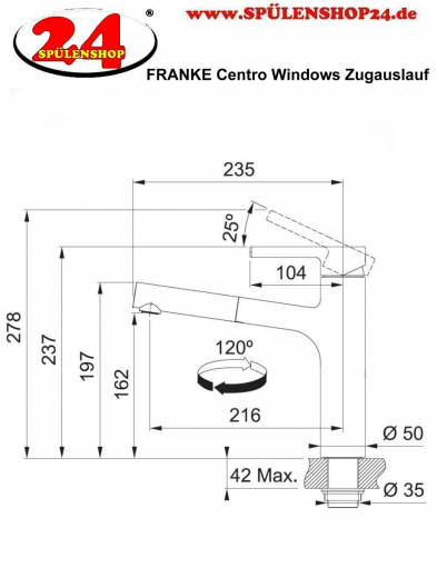 FRANKE Kchenarmatur Centro Window Einhebelmischer Chrom mit Zugauslauf zur Vorfenstermontage umlegbar