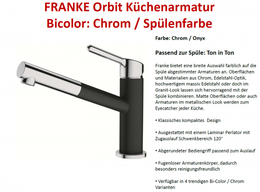 x FRANKE Kchenarmatur Orbit Fragranit+ Farben Einhebelmischer mit Zugauslauf und Laminar Perlator 120 schwenkbarer Auslauf