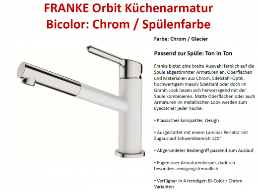 x FRANKE Kchenarmatur Orbit Fragranit+ Farben Einhebelmischer mit Zugauslauf und Laminar Perlator 120 schwenkbarer Auslauf