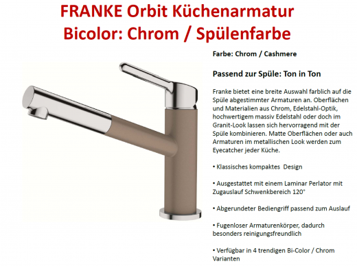 x FRANKE Kchenarmatur Orbit Fragranit+ Farben Einhebelmischer mit Zugauslauf und Laminar Perlator 120 schwenkbarer Auslauf