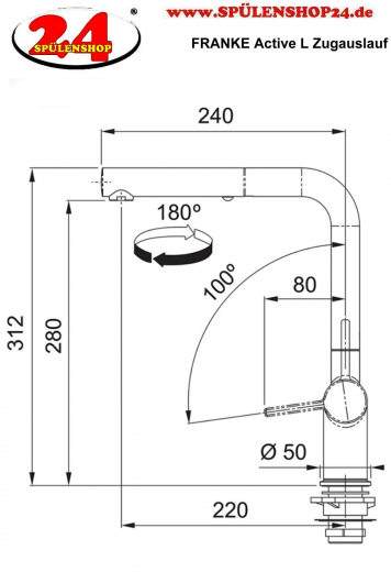 FRANKE Kchenarmatur Active L Einhebelmischer Chrom mit Zugauslauf 180 schwenkbarer Auslauf mit Laminar Strahlregler