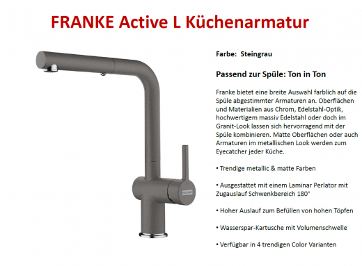 FRANKE Kchenarmatur Active L Fragranit+ Farben Einhebelmischer mit Zugauslauf und Laminar Perlator 180 schwenkbarer Auslauf