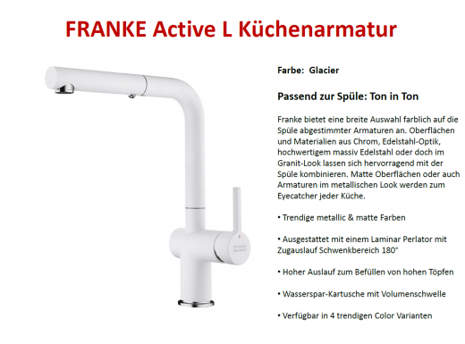 FRANKE Kchenarmatur Active L Fragranit+ Farben Einhebelmischer mit Zugauslauf und Laminar Perlator 180 schwenkbarer Auslauf