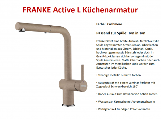 FRANKE Kchenarmatur Active L Fragranit+ Farben Einhebelmischer mit Zugauslauf und Laminar Perlator 180 schwenkbarer Auslauf