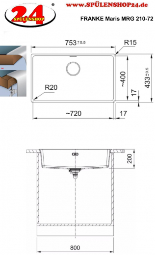 FRANKE Kchensple Maris MRG 210-72 Fragranit+ Granitsple Flchenbndig mit Siebkorb als Stopfenventil