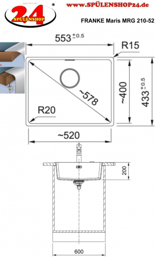 x FRANKE Kchensple Maris MRG 210-52 Fragranit+ Granitsple Flchenbndig mit Siebkorb als Stopfenventil