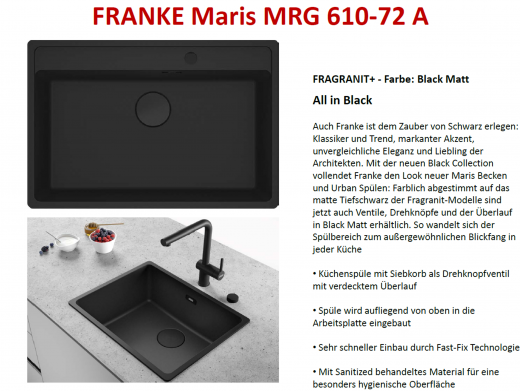 FRANKE Kchensple Maris MRG 610-72 A HLB Fragranit+ Granitsple Black Matt - Black Collection Einbausple mit Siebkorb als Drehknopfventil