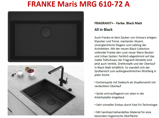 FRANKE Kchensple Maris MRG 610-72 A HLB Fragranit+ Granitsple Black Matt - Black Collection Einbausple mit Siebkorb als Stopfenventil