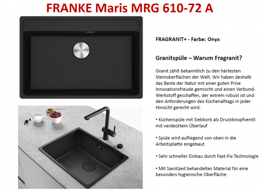 FRANKE Kchensple Maris MRG 610-72 A HLB Fragranit+ Granitsple / Einbausple mit Siebkorb als Druckknopfventil