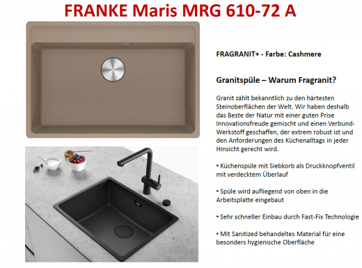 FRANKE Kchensple Maris MRG 610-72 A HLB Fragranit+ Granitsple / Einbausple mit Siebkorb als Druckknopfventil