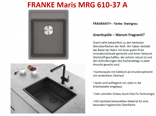 FRANKE Kchensple Maris MRG 610-37 A HLB Fragranit+ Granitsple / Einbausple mit Siebkorb als Druckknopfventil