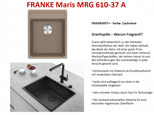 FRANKE Kchensple Maris MRG 610-37 A HLB Fragranit+ Granitsple / Einbausple mit Siebkorb als Druckknopfventil