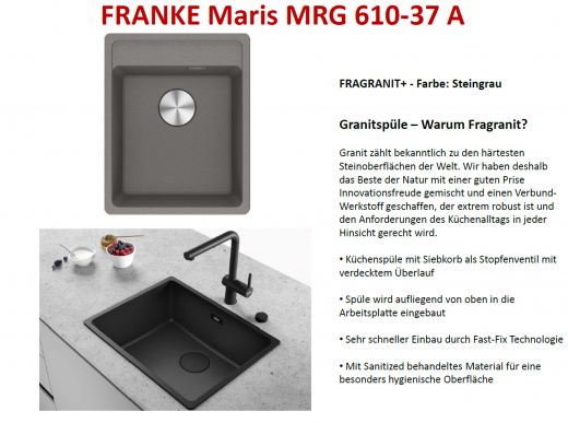 FRANKE Kchensple Maris MRG 610-37 A HLB Fragranit+ Granitsple / Einbausple mit Siebkorb als Stopfenventil