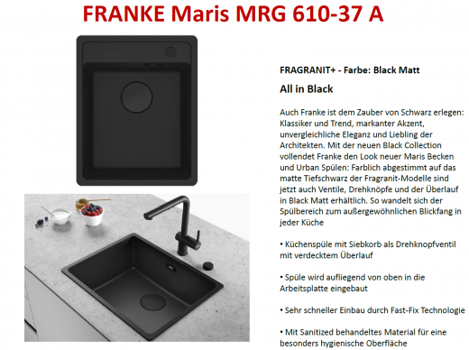 FRANKE Kchensple Maris MRG 610-37 A HLB Fragranit+ Granitsple Black Matt - Black Collection Einbausple mit Siebkorb als Drehknopfventil