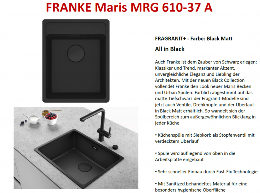 FRANKE Kchensple Maris MRG 610-37 A HLB Fragranit+ Granitsple Black Matt - Black Collection Einbausple mit Siebkorb als Stopfenventil