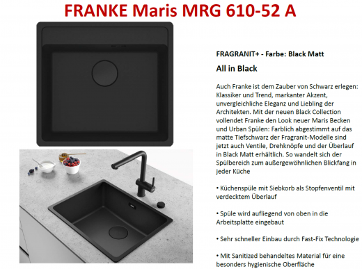 FRANKE Kchensple Maris MRG 610-52 A HLB Fragranit+ Granitsple Black Matt - Black Collection Einbausple mit Siebkorb als Stopfenventil