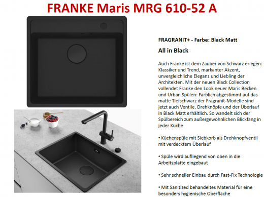 FRANKE Kchensple Maris MRG 610-52 A HLB Fragranit+ Granitsple Black Matt - Black Collection Einbausple mit Siebkorb als Drehknopfventil