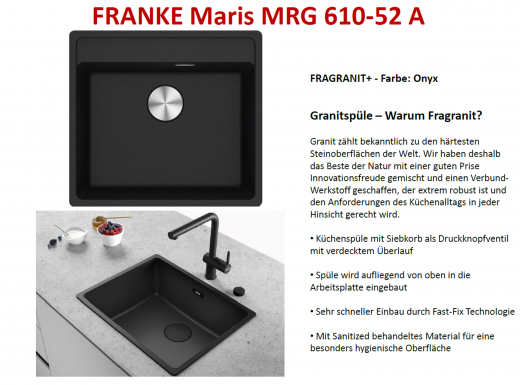 FRANKE Kchensple Maris MRG 610-52 A HLB Fragranit+ Granitsple / Einbausple mit Siebkorb als Druckknopfventil