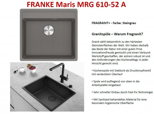 FRANKE Kchensple Maris MRG 610-52 A HLB Fragranit+ Granitsple / Einbausple mit Siebkorb als Druckknopfventil