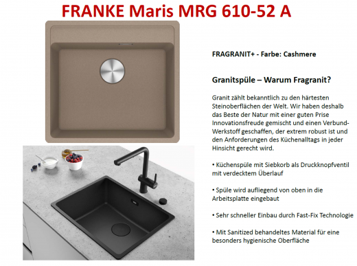 FRANKE Kchensple Maris MRG 610-52 A HLB Fragranit+ Granitsple / Einbausple mit Siebkorb als Druckknopfventil