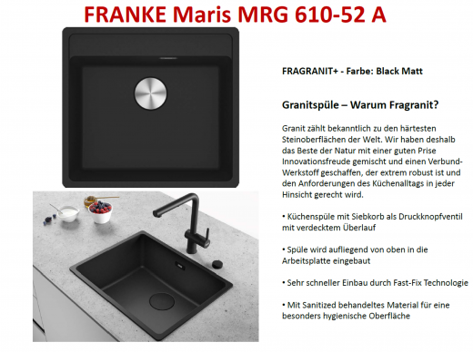 FRANKE Kchensple Maris MRG 610-52 A HLB Fragranit+ Granitsple / Einbausple mit Siebkorb als Druckknopfventil