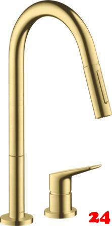 AXOR Kchenarmatur Citterio M Brushed Brass PVD Einhebelmischer als 2-Loch Armatur 220 mit Zugauslauf als Ausziehbrause 2-Strahlarten (34822950)