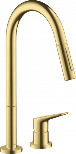 AXOR Kchenarmatur Citterio M Brushed Brass PVD Einhebelmischer als 2-Loch Armatur 220 mit Zugauslauf als Ausziehbrause 2-Strahlarten (34822950)