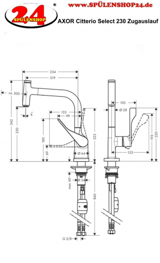 AXOR Kchenarmatur Citterio Select Mattschwarz Einhebelmischer 230 mit Zugauslauf als Ausziehauslauf und Select-Knopf (39861670)