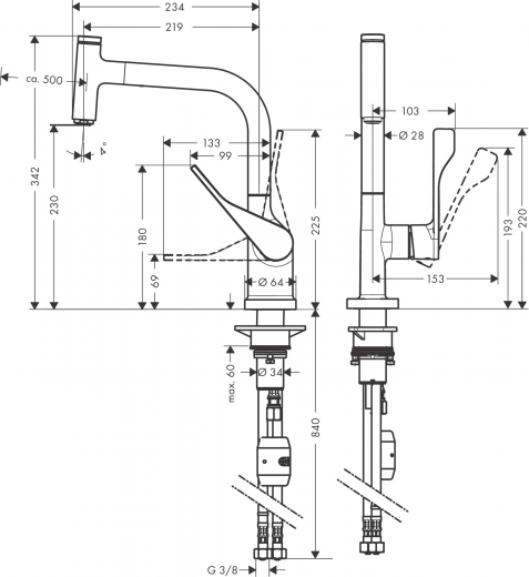 AXOR Kchenarmatur Citterio Select Mattschwarz Einhebelmischer 230 mit Zugauslauf als Ausziehauslauf und Select-Knopf (39861670)