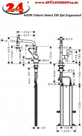 AXOR Kchenarmatur Citterio Select Mattschwarz Einhebelmischer 230 mit Zugauslauf als Ausziehbrause und Select-Knopf 2jet, sBox (39862670)