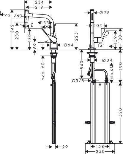 AXOR Kchenarmatur Citterio Select Mattschwarz Einhebelmischer 230 mit Zugauslauf als Ausziehbrause und Select-Knopf 2jet, sBox (39862670)