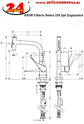 AXOR Kchenarmatur Citterio Select Chrom Einhebelmischer 230 mit Zugauslauf als Ausziehbrause und Select-Knopf 2jet (39863000)